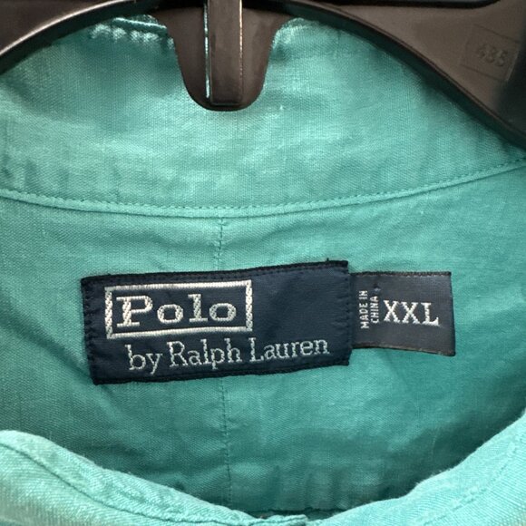 VTG Polo Ralph Lauren Linen Silk Mens L/S Button Up Turquoise Shirt 2 Pocket 2XL - Picture 5 of 10
